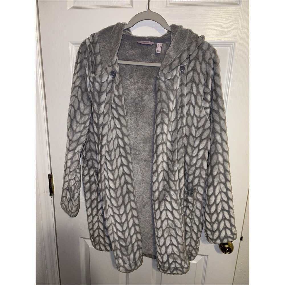 Anybody Lounge Hooded Fleece Cardigan with Pockets Soft Grey Leaf Pattern Sz M